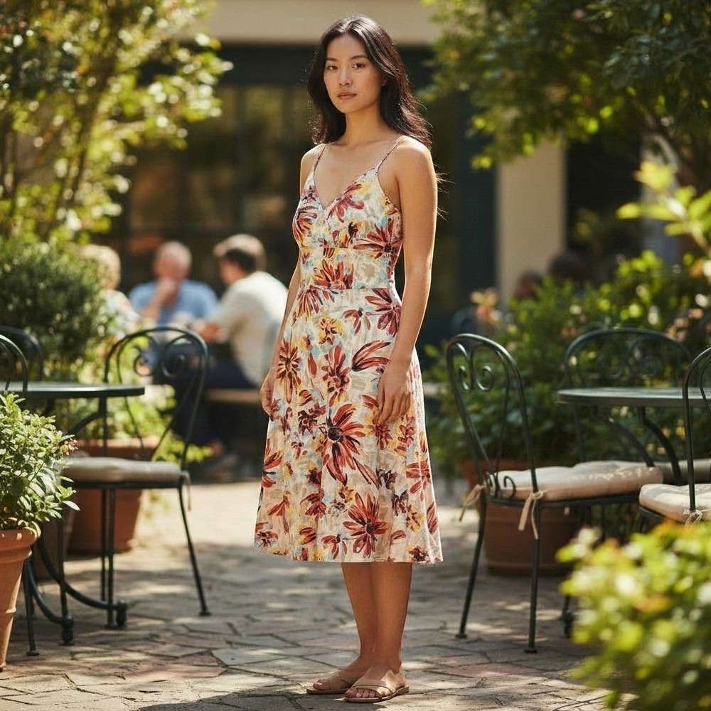 New York & Company Floral Sundress Size 6 Red Orange Blue Midi Fit Flare Stretch